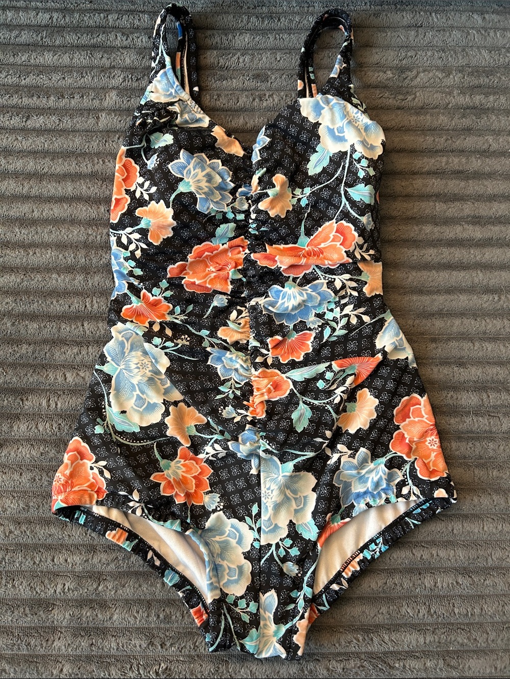Floral Ruched One-Piece Swimsuit - Black with Orange & Blue Flowers